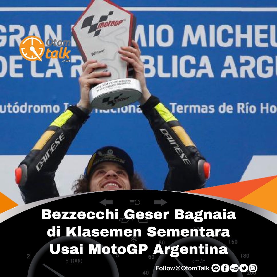 Bezzecchi Geser Bagnaia di Klasemen Sementara Usai MotoGP Argentina

Sukses besar menjuarai MotoGP Argentina dan mendapatkan tambahan 25 poin membuat Marco Bezzecchi (Mooney VR46 Racing Team) kini memimpin klasemen sementara. Kini ia mengumpulkan total 50 poin dari dua seri yang sudah digelar musim ini. 

Ia menggeser Francesco Bagnaia (Ducati Lenovo Team) yang sebelumnya di posisi puncak dengan 41 poin. Bagnaia gagal mendapatkan tambahan poin di GP Argentina karena hanya finis di posisi 16. 

Posisi ketiga adalah Johann Zarco (Prima Pramac Racing) dengan total 35 poin. Di GP Argentina, Zarco tampil luar biasa dengan finis di posisi dua setelah start dari grid keenam. 

Di posisi empat klasemen adalah Alex Marquez (Gresini Racing) dengan total 33 poin. Marquez tampil cukup baik di GP Argentina dengan merebut pole position di sesi kualifikasi, P5 di Sprint Race, dan podium tiga di balapan utama. 

Melengkapi lima besar klasemen adalah Maverick Vinales (Aprilia Racing) dengan perolehan 32 poin. Meski tampil dominan di latihan Jumat dan start dari poisi lima, Vinales tak mampu tampil bagus di Sprint Race maupun balapan utama. Di Sprint Race ia hanya menempati posisi tujuh dan di balapan utama finis di posisi 12. 